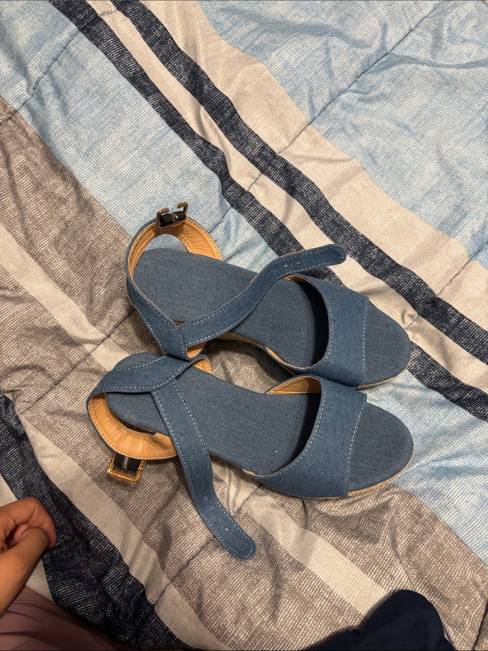SHEIN Blue Denim Cross-Strap Ankle Buckle Sandals